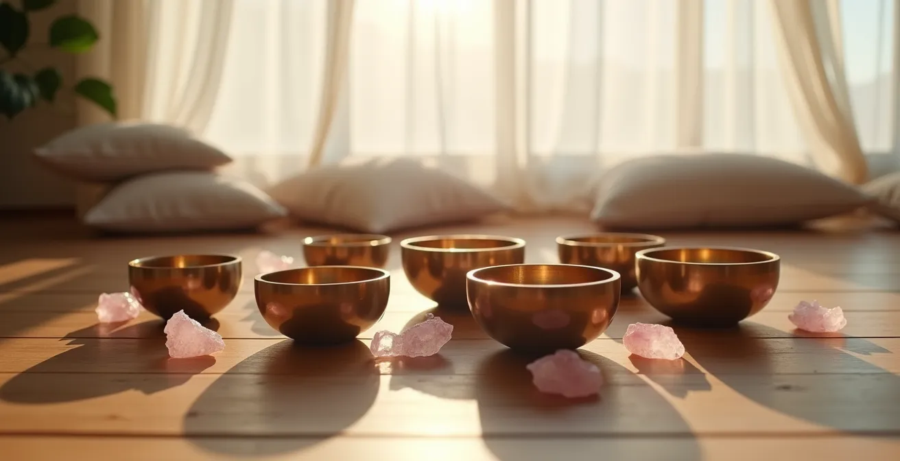 Purification douce d'un quartz rose placé dans un bol chantant tibétain.
