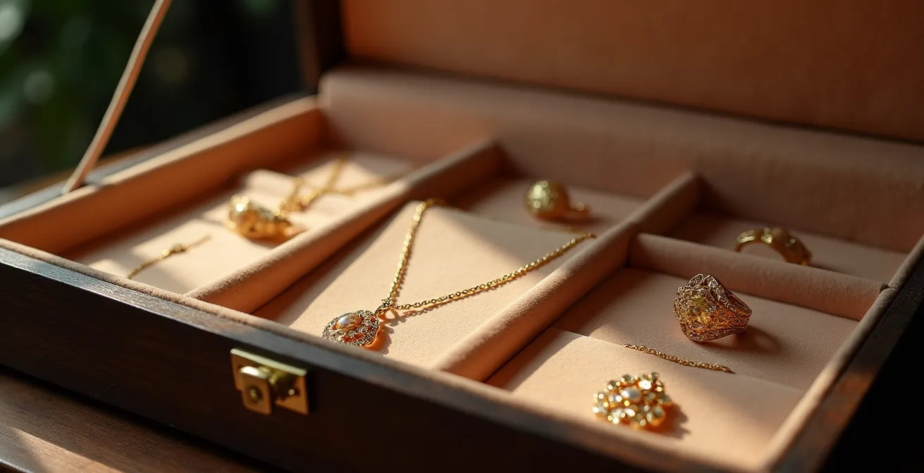 Écrin à bijoux ouvert montrant des compartiments séparés en velours pour ranger une parure en or