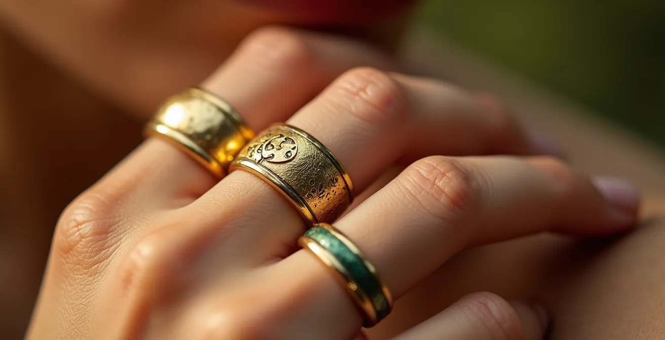 Gros plan sur une main montrant différentes teintes d'oxydation sur des bijoux plaqués or