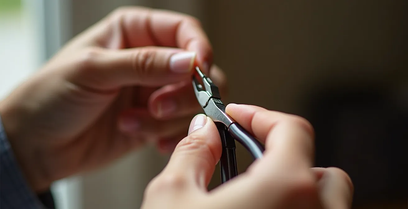 Mains utilisant une pince à becs nylon pour redresser délicatement une tige de boucle d'oreille en argent