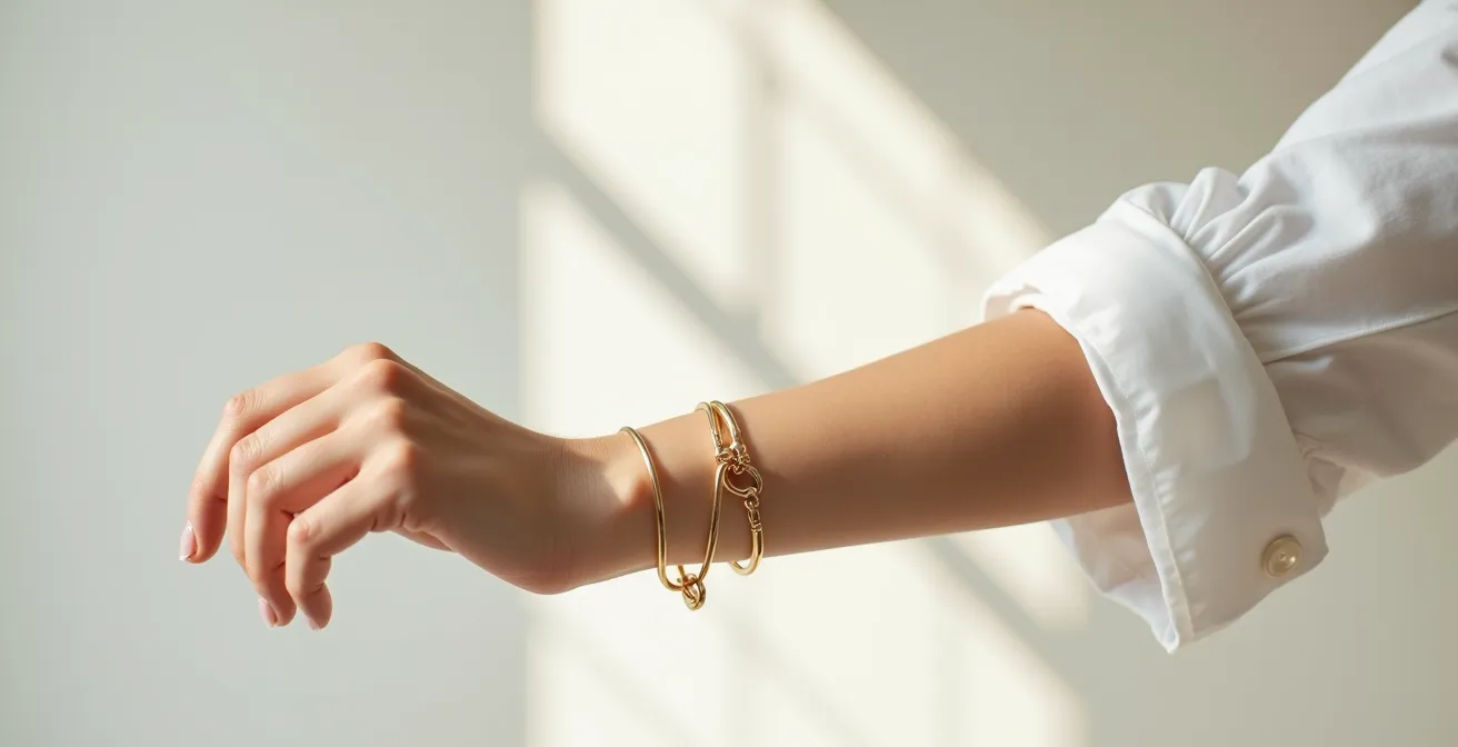 Avant-bras féminin avec manchette positionnée au tiers inférieur, manche de chemise retroussée créant un cadre textile