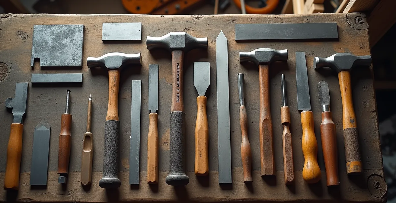 Détail macro de différentes textures d'outils sur métal : traces de lime, cupules de marteau, coupe de bocfil