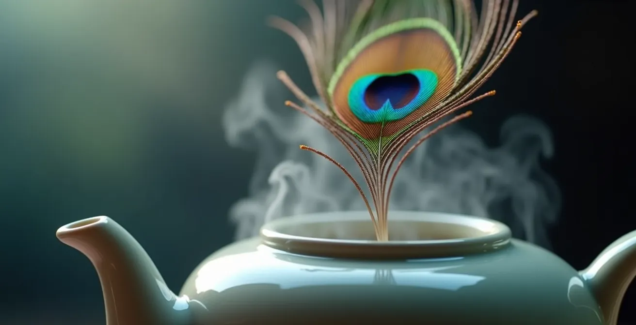 Main tenant une plume de paon au-dessus de vapeur d'eau s'élevant d'une théière