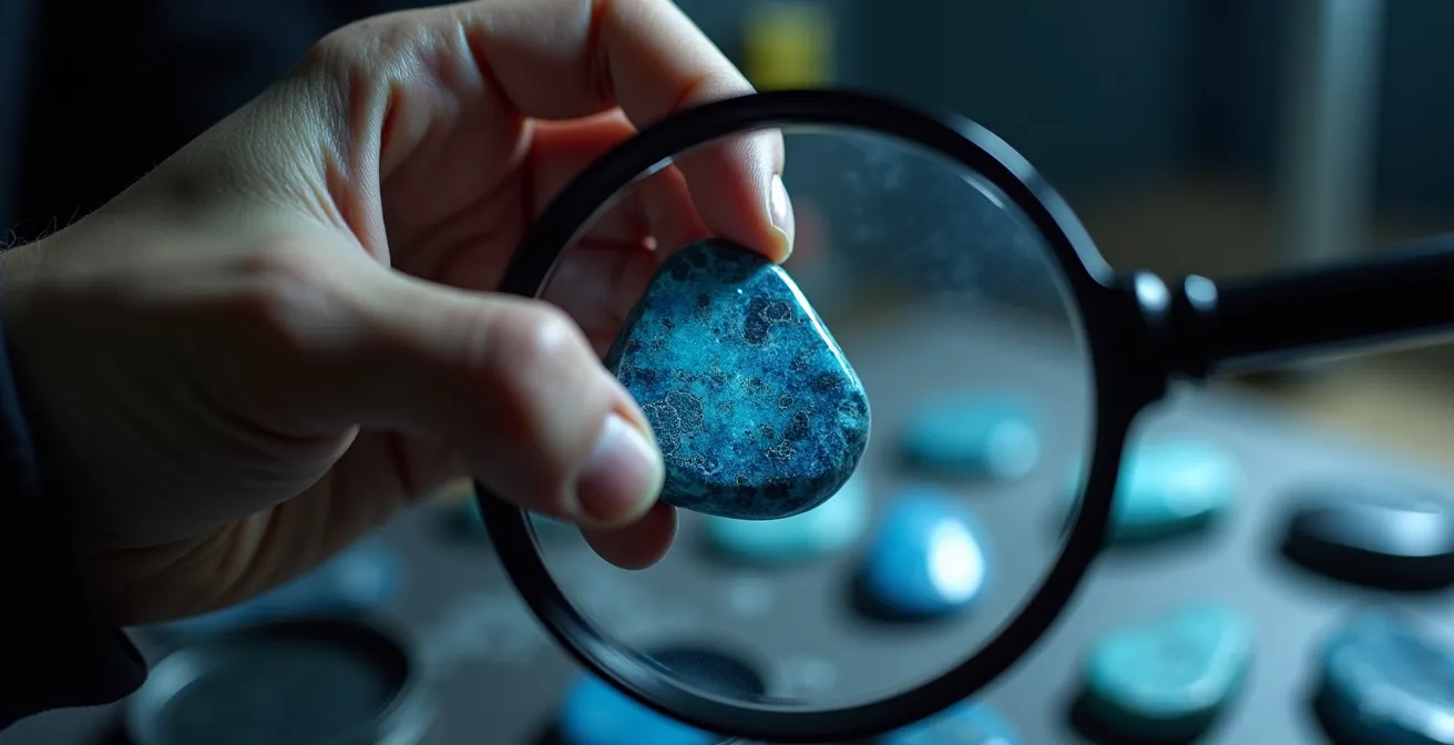 Main d'une personne tenant une loupe de bijoutier pour examiner de près une pierre bleue, révélant les détails de sa surface pour authentification.