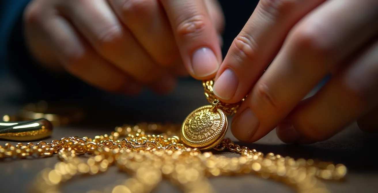 Gros plan sur les mains d'un joaillier travaillant sur la transformation d'un pendentif en or