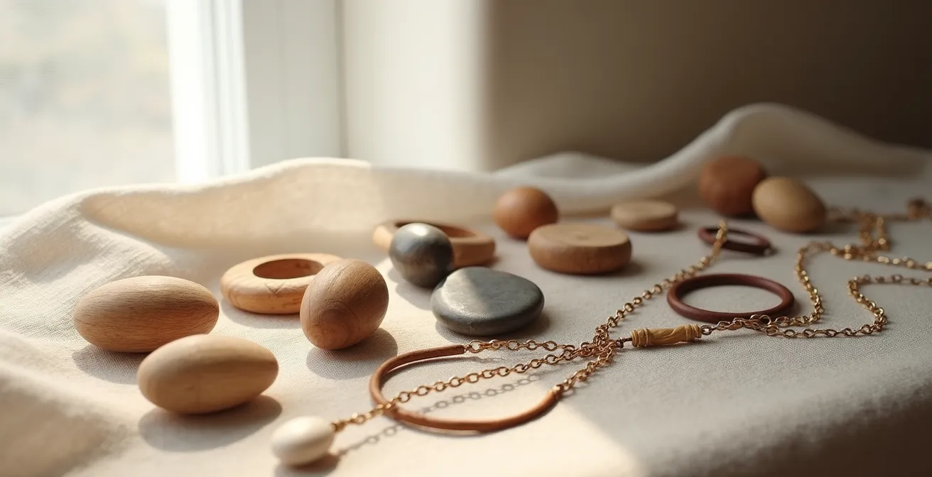 Composition montrant la transition entre bijoux en bois d'été et métaux patinés d'hiver