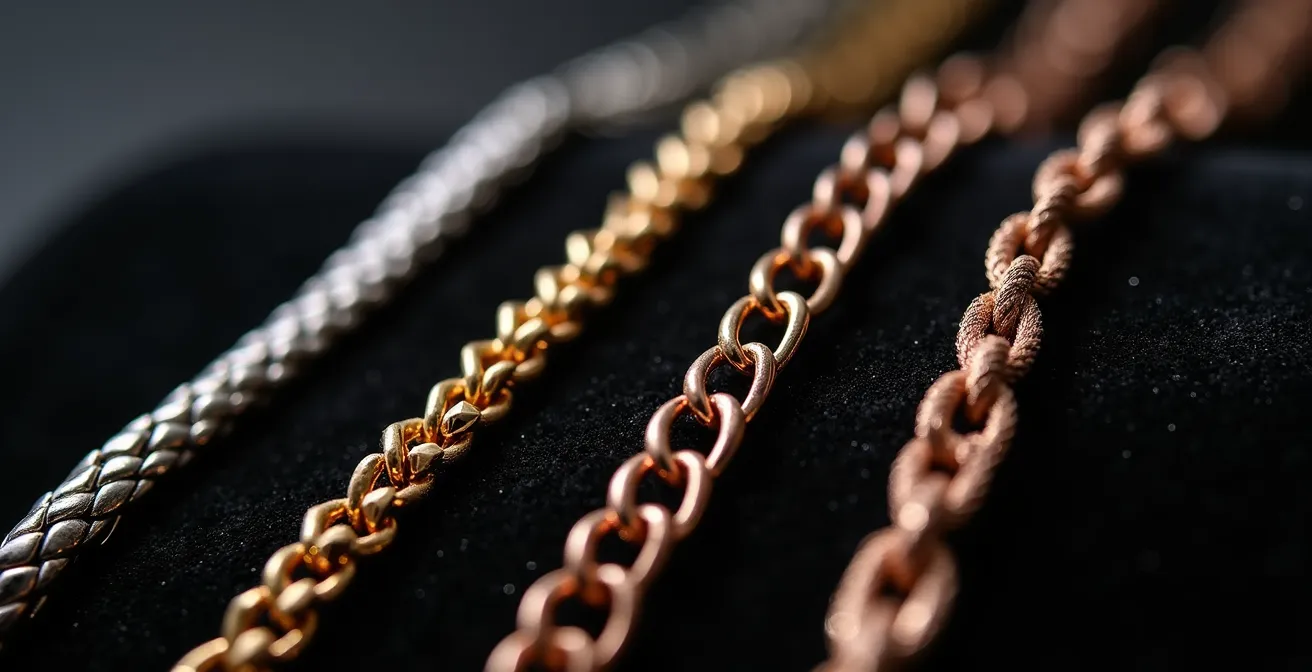 Vue macro détaillée de trois types de mailles de chaînes différentes posées côte à côte